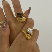Anillos Sofisticados de Acero Inoxidable con Perlas en Forma de Lágrima, Resistentes al Agua, Chapados en Oro, con Ojo de Tigre Azul Marrón