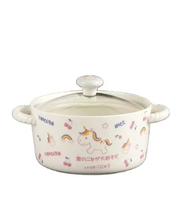 Tigela de porcelana de unicórnio para sopa, 730ml, pote de macarrão, sopa, arco de cerâmica, duas alças, tigela de sopa, tampa de vidro