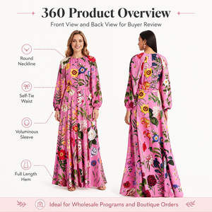 Elegante Abito <span class=keywords><strong>Lungo</strong></span> Floreale Rosa con Collo Tondo, <span class=keywords><strong>Maniche</strong></span> Lunghe <span class=keywords><strong>a</strong></span> <span class=keywords><strong>Palloncino</strong></span> e Cintura Abbinata, <span class=keywords><strong>Vestito</strong></span> Casual Formale <span class=keywords><strong>a</strong></span> Linea <span class=keywords><strong>A</strong></span> per Donne - Product Image 4