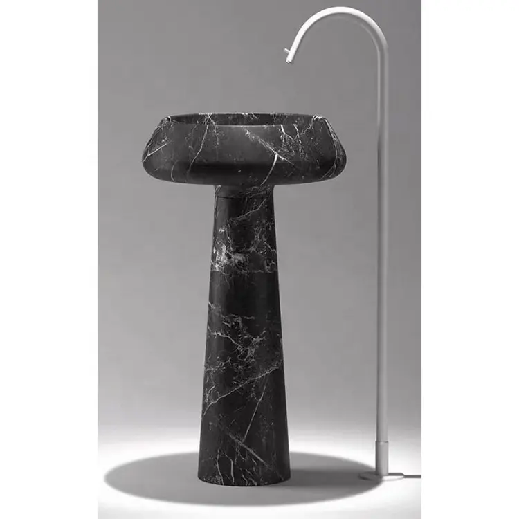 One piece wash basin bathroom stone black marquina marble full freestanding sink and pedestal