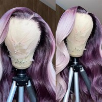 Perruque Lace Front 13x4 avec mèches violettes et rose pastel, pré-épilée, en cheveux humains vierges brésiliens, sans colle, style Body Wave