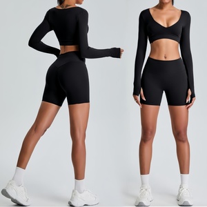 Set di abbigliamento da palestra per Fitness attivo da donna Top corto a maniche lunghe e pantaloncini da bici con motivo solido costume da <span class=keywords><strong>ciclismo</strong></span> e Pilates per Yoga taglie forti - Product Image 2