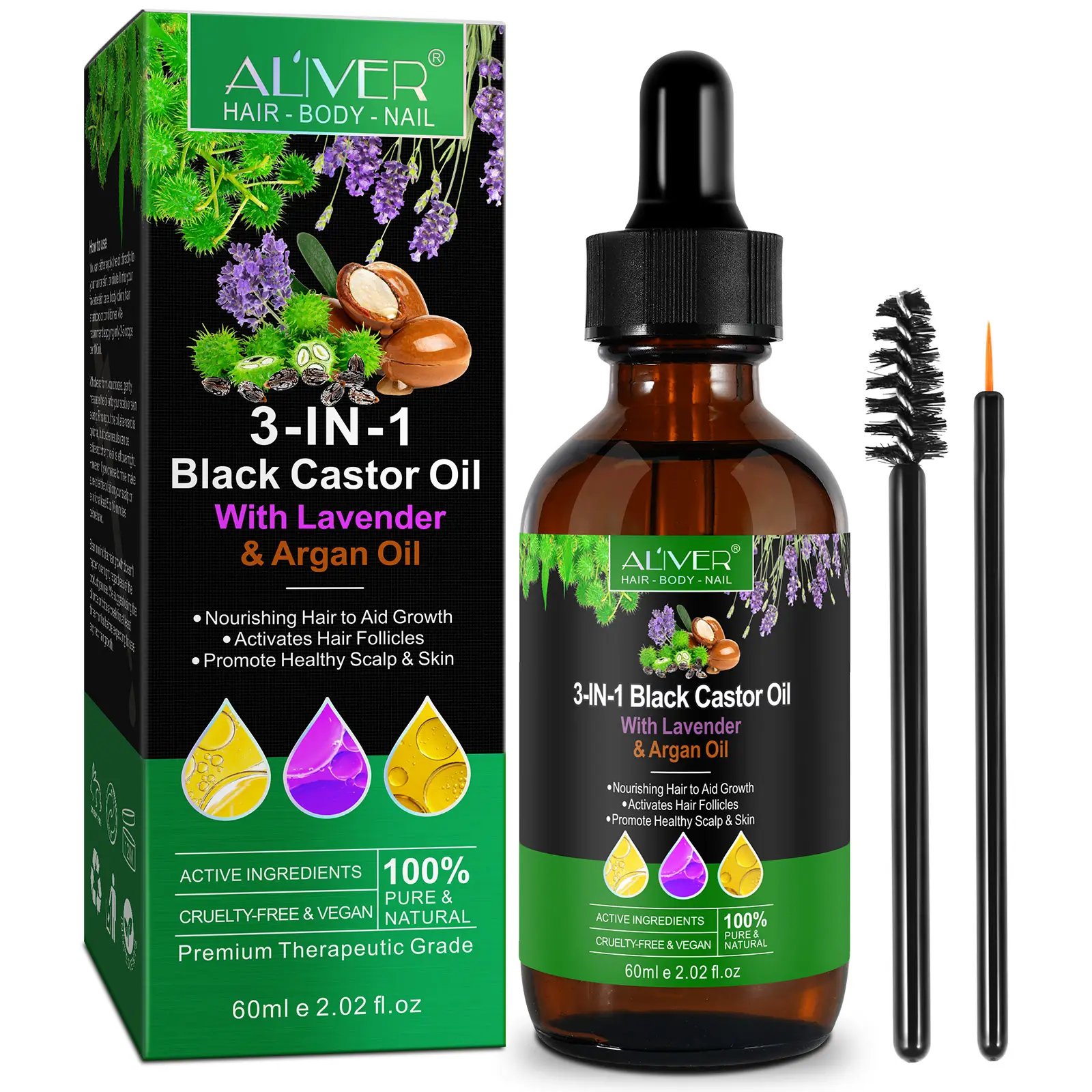 ALIVER 60ml puro prodotto naturale per la cura dei capelli della pelle 3 In 1 olio di ricino nero per la crescita dei capelli nutriente con olio di lavanda olio di Argan