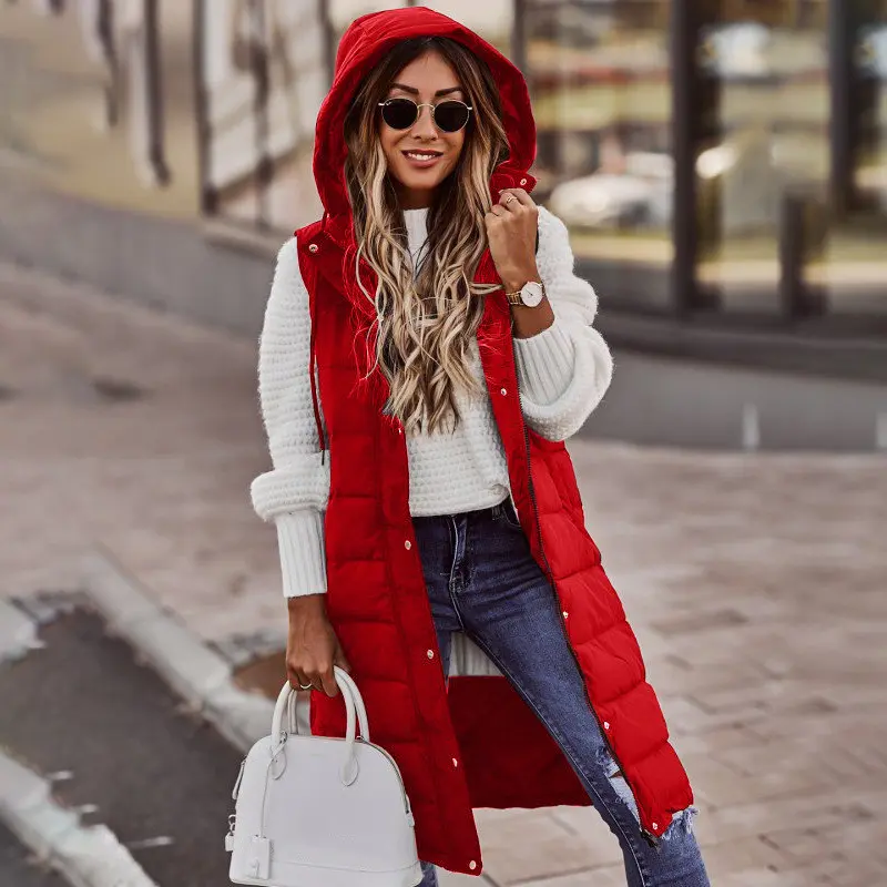 Mouwloos Winterjack Vrouwen Midi-Jassen Donzen Vest Warm, Elegant Zwart Met Capuchon Street Hipster Lady Katoenen Overjas