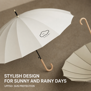 Parapluie droit de 23 pouces au design esthétique minimaliste et mignon, avec logo personnalisé, pour le soleil et la pluie, protection UV UPF 50+, avec poignée en bois en forme de J - Product Image 1