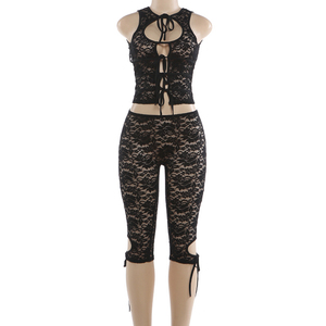 วิวิบลุค Z406ST01 ชุดฤดูร้อนสำหรับผู้หญิง ชุดเซ็กซี่ใหม่ เสื้อครอปเว้าต่ำผูกเชือก กางเกงขาสั้นลูกไม้ ชุดสองชิ้น - Product Image 5