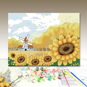 Peinture par numéros sur toile, Champ de tournesols, Moulin à vent, Scène pastorale, DIY, Fait main, Écologique, Décoration moderne pour la maison, Carré numérique - Product Image 1