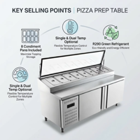 Table de préparation à pizza professionnelle en acier inoxydable, refroidissement direct, comptoir réfrigéré commercial simple/double température pour salades, numérique