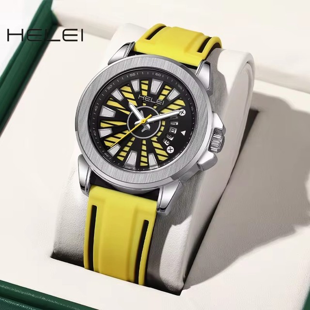 Helei H9004A-J 9004 Men's Quartz Movement Trendy Simple Helmsman Series Multifunction Silicone Material Strap Waterproof Watches