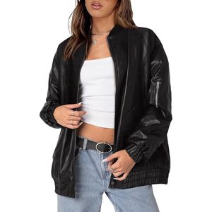 FOXA Women Faux Leather <b>Bomber</b> <b>Jacket</b> Oversized Windproof Full Sleeve Winter Coat Fashion Outerwear - Product Image 2