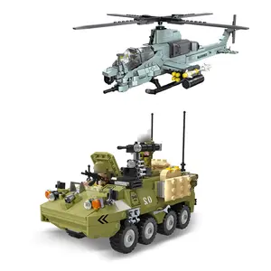 Plastic Unisex Mini-Actiefiguren Militaire Leger Gepantserde Voertuig Vrachtwagen Tank Stad Helikopter Bouwsteen Kit Kind Assembleren Speelgoed