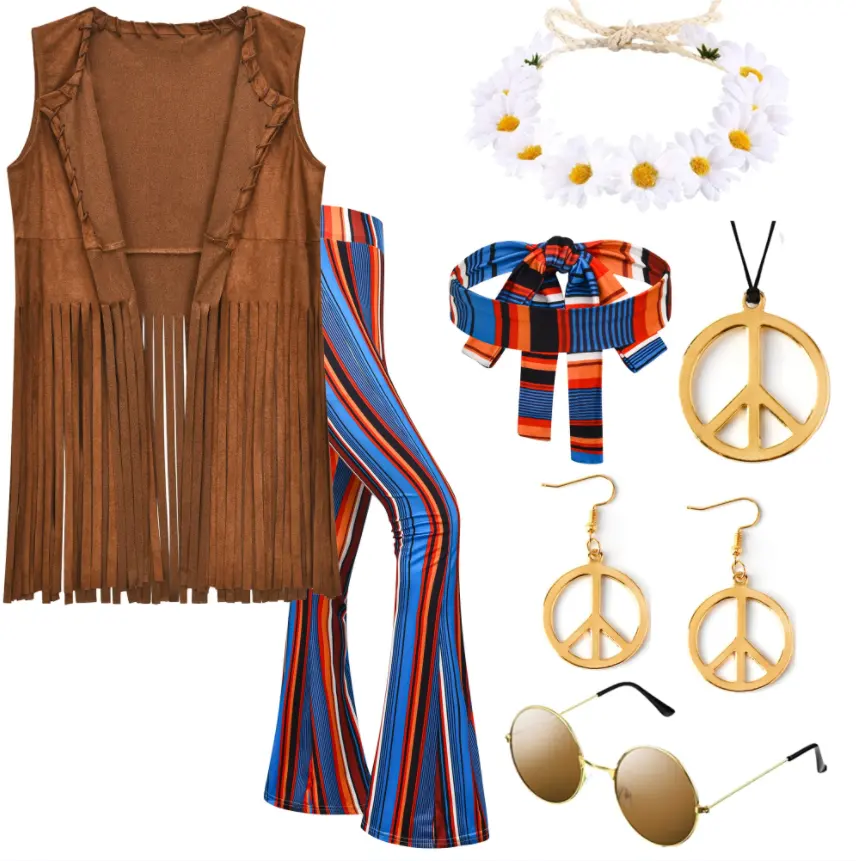 60s Set kostum untuk wanita, Set pakaian 1970s Hippie untuk pesta tema Halloween