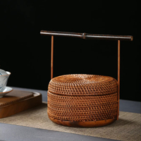 Panier de rangement rond artisanal en noyer et rotin, style chinois, écologique, laqué, avec couvercle et poignée violette, idéal pour pique-nique et marché