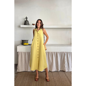 Vestido Camisero Amarillo de Lino sin Mangas con Mangas Abullonadas, Cuello con Botones Delanteros, Cintura Elástica, Ajuste Holgado, Estilo Dulce para el Día de Primavera - Product Image 6