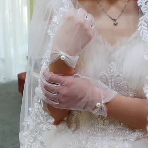 WG042 Simple Wedding Bridal Witte Handschoenen Vlakte Tulle Ademend Imitatie-Parels-Kralen Bruid Om Korte Pols Handschoenen