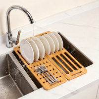 Égouttoir à vaisselle mural pliable en bambou, capacité 55 lb, gain de place, pour cuisine, à poser au-dessus de l'évier, avec plateaux de séchage et organisateur