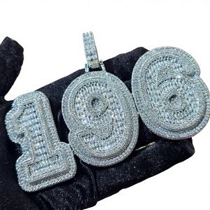 Pendentif de luxe en argent sterling plaqué or, forme diamant, serti de moissanite blanche, numéro 190, bijoux hip-hop, breloque personnalisée scintillante - Product Image 1