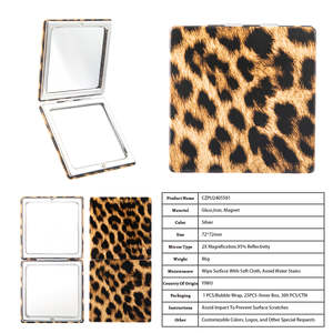 Leopard Print <b>Square</b> Compact <b>Mirror</b> 72x72mm Double-Sided Folding Makeup <b>Mirror</b> With 2X Magnification Portable Pocket <b>Mirror</b> - Product Image 1