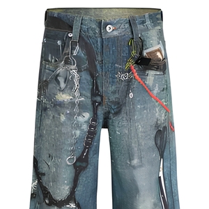 Amerikanischer Vintage Streetwear Herbst Mid 3D Scheren-Digitaldruck Schnelltrocknender Zerrissener Schwergewichts-Denim ODM Herren Damen Lockerer Gerader Schnitt - Product Image 3