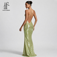 Robe longue personnalisée verte à sequins, bretelles spaghetti, moulante sirène, sexy, pour soirée, bal de promo, OEM
