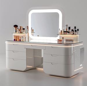 Ensemble de coiffeuse de chambre à coucher en bois massif blanc moderne de luxe avec miroir éclairé et rangement - Product Image 3