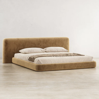 Canapé-lit moderne en tissu velours marron, tête de lit rembourrée large et minimaliste, lit plateforme profil bas taille king pour hôtel et maison