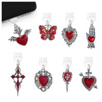 Set Aksesoris Anti Debu Halloween Gothic Vintage, Hiasan Hati Merah & Tengkorak untuk Port Iphone Tipe-C, Retro & Unik