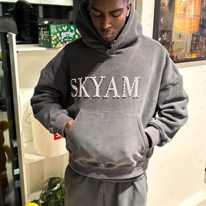 Sudadera de Felpa Francesa Gruesa 100% Algodón Transpirable con Cremallera y Pedrería, Estilo Y2K Urbano Vintage con Lavado Ácido, Holgada y Personalizada para Hombre - Product Image 1