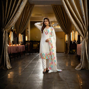White Embroidered Georgette Anarkali Suit Floral Indian Pakistani and <b>Shawl</b> for Wedding Party Women - Product Image 3