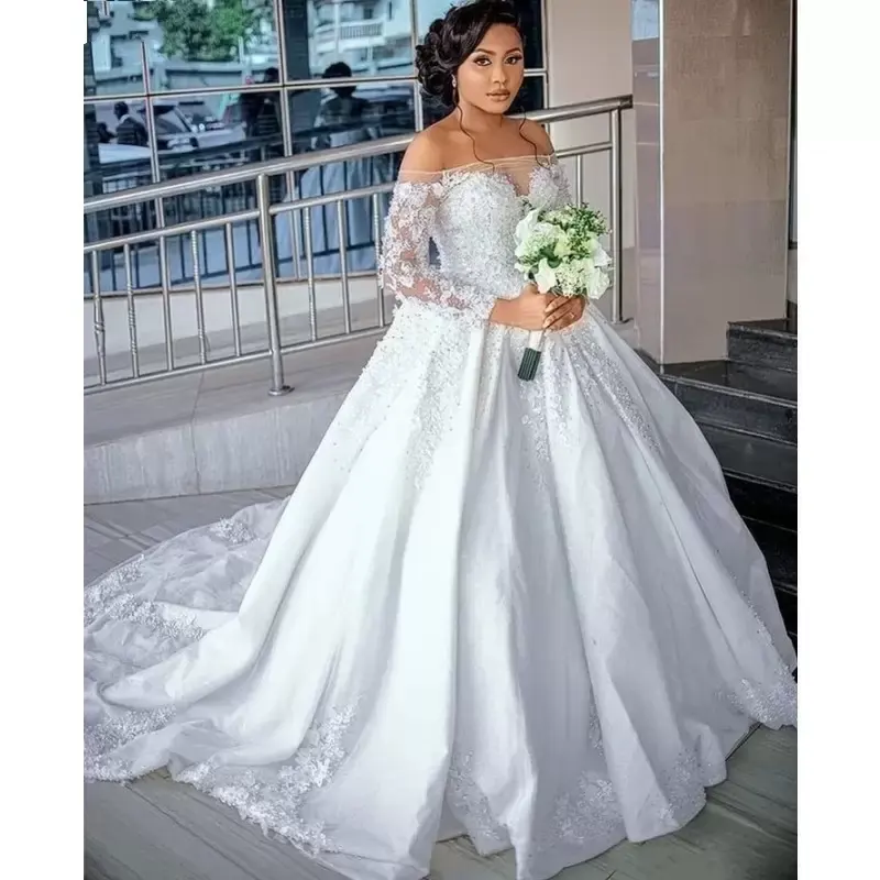 Modest African Long Sleeve Wedding Dresses Elegant Off Shoulder Lace Appliques Beads Bridal Gowns Custom Made Plus Size Vestidos