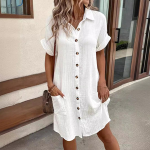 2026 AliExpress Wish for Hot Item Summer Vintage Leisure Anti-static Simple Large V-Neck Button Dress Women's <strong>Clothing</strong> - Product Image 2