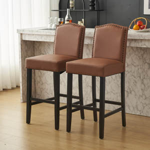 Arstools Set <b>2</b> Modern Durable <b>Bar</b> <b>Stools</b> for Kitchen Island Hotel Dining Living Room Use Brown Rubberwood Legs PU Faux Leather - Product Image 1