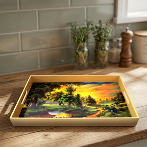 Plateau de service rectangulaire en bois fait main, écologique, finition laquée, durable, multifonction, motif végétal, mariage, anniversaire - Product Image 1