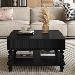 31.5 Inch <b>Square</b> Fluted Lift Top <b>Coffee</b> <b>Table</b> <b>With</b> Hidden <b>Storage</b> Hydraulic Raising Mechanism Retro Solid Wood Legs - Product Image 3