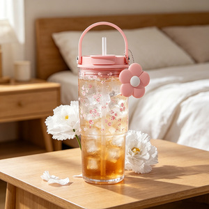 Plastic Water Bottle With Straw Floral Design <b>Large</b> Capacity Portable For Outdoor Use - Product Image 3
