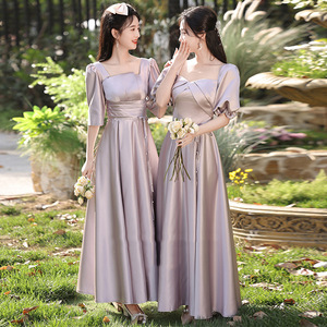 Bridesmaid Dress Purple Satin A-Line Sweetheart Neckline Natural Waist Long Gown For Wedding Sister Graduation - Product Image 4