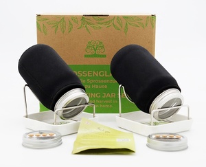 Barattolo di vetro anti-uv a bocca larga personalizzato con coperchio germogliato in acciaio inossidabile e supporto in metallo per la germinazione dei fagioli - Product Image 1