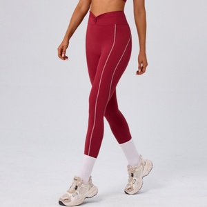 <span class=keywords><strong>Leggings</strong></span> <span class=keywords><strong>da</strong></span> Yoga a Vita Alta Senza Cuciture Frontali con Nodo Incrociato, Effetto Push-Up, Strisce Bianche a Contrasto per <span class=keywords><strong>Palestra</strong></span> e Corsa - Product Image 1