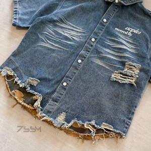 Streetwear giacca <span class=keywords><strong>camicia</strong></span> di <span class=keywords><strong>Jeans</strong></span> a manica corta Vintage strappata e lavata <span class=keywords><strong>camicia</strong></span> personalizzata con orlo grezzo con orlo abbottonatura camicie in Denim da <span class=keywords><strong>uomo</strong></span> - Product Image 3