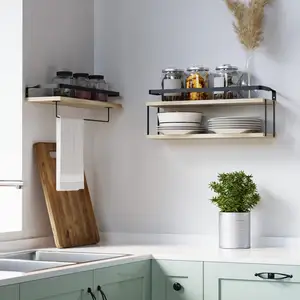 2 + 1 Tier Rustieke Houten Aan De Muur Gemonteerde Zwevende Planken Set Metalen Frame Met Tissue Rek Handdoek Bar Houten Muur Plank Voor Opslag