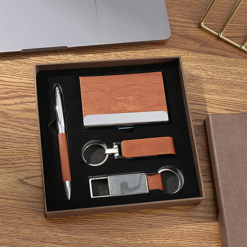 Nouveau coffret cadeau en cuir PU à grain de bois porte-clés USB stylo à bille porte-carte nominative boîte d'emballage cadeau/