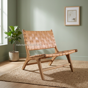 Sillón de Diseño Moderno para el Hogar, Muebles de Madera de Teca Sólida, Sillón de Relajación de Cuero Genuino Tejido Marrón para Sala de Estar - Product Image 2