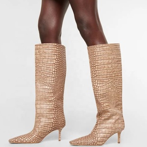 Women's Stylish Long Boots Low Heels Square Toe Fashion Knee High Booties Stone Pattern Denim on <b>Shoes</b> - Product Image 1