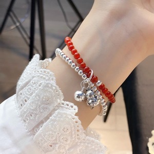 Pulsera de Plata de Ley S925 con Ágata Roja Natural, Diseño de Gato de la Suerte, Doble Capa, para Mujer, Uso Diario - Product Image 1