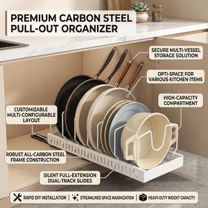 Organisateur multifonctionnel coulissant et extensible pour couvercles de casseroles et assiettes, avec rails coulissants en acier au carbone pour étagère de placard - Product Image 1