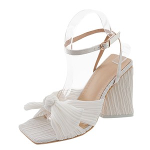 Sandales à talons pour femmes, talon épais doré, bout ouvert, décorées d'un nœud, élégantes, tendance, couleur unie, style rétro - Product Image 5