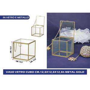 VASO DE VIDRIO CUBO CM.125X125X12,5h METAL DORADO - Product Image 1