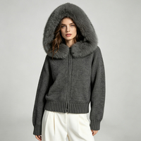 Jxwatcher – Manteau tricoté à capuche avec fermeture éclair, col en vraie fourrure de renard, cardigan d'hiver en laine pour femme, pull tricoté à manches longues