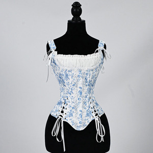 Corset court à lacets pour femme, style français, motif floral bleu, bustier amincissant - Product Image 1