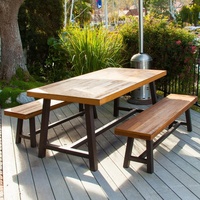 Table de pique-nique en bois d'acacia pour l'extérieur et 2 bancs, ensemble de salle à manger de style américain résistant aux intempéries pour jardin et patio, mobilier d'extérieur en bois massif